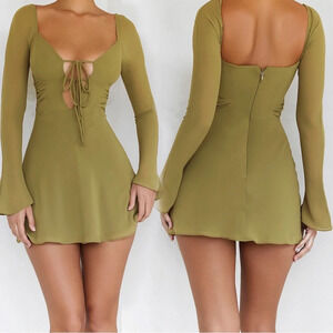 MISTRESS ROCKS Olive Long Sleeve Cutout Mini Dress XS